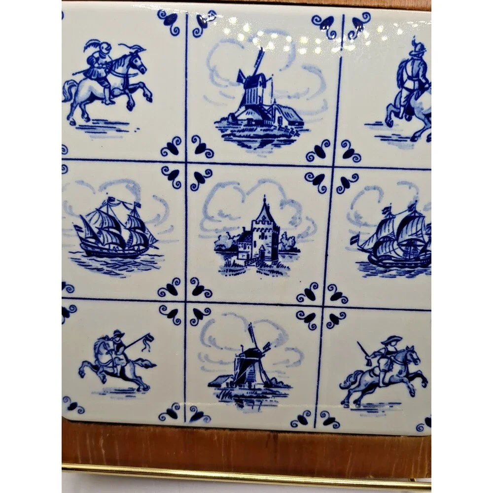 VTG Wood Tile TRIVET Holland Windmill Soldiers Ships w Handle 12.5